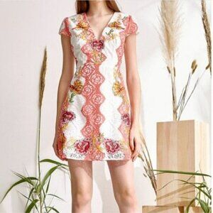 Foxie dox Large Floral Lace Fit & Flare Dress Spring Summer V Neck Embroidered